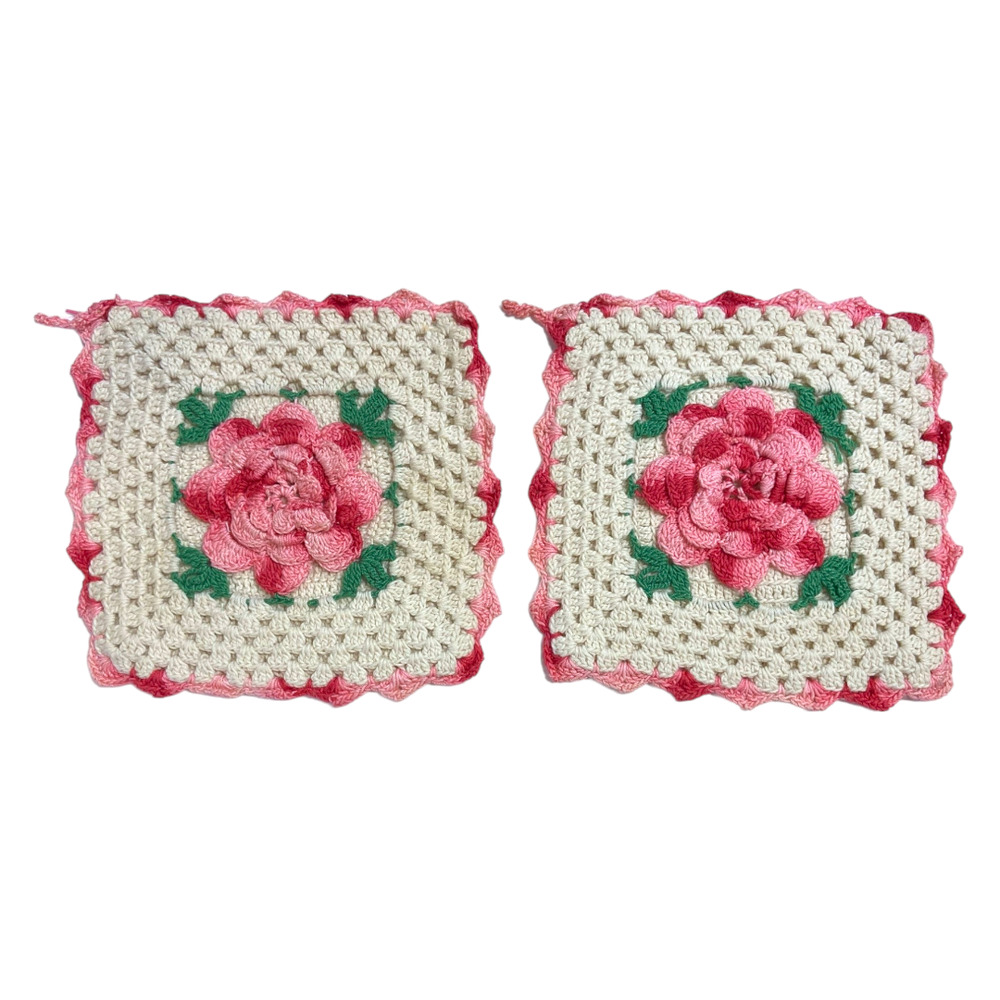 40's Vintage 3D Crochet Rose Potholders Set Cottagecore Grannycore Hot Pads